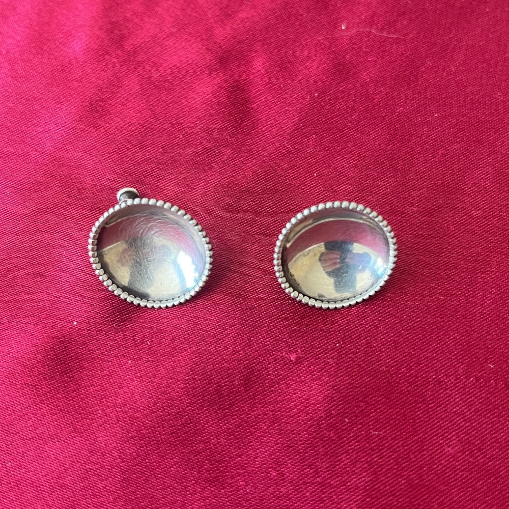 Vintage Solid Silver Concave Round Earrings With … - image 1